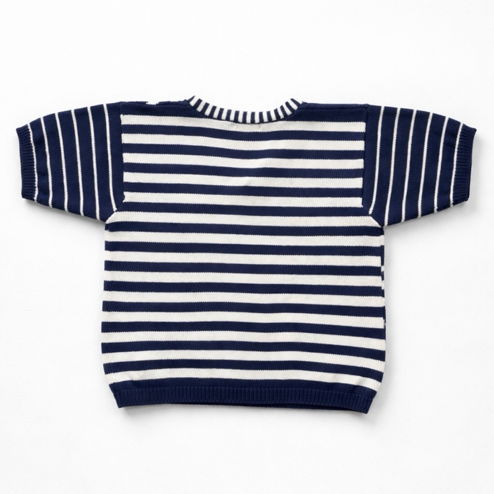 Vintage Jeanne Pierre Navy & White Graphic Knit Top S | Short Sleeve V-Neck - Picture 5 of 8